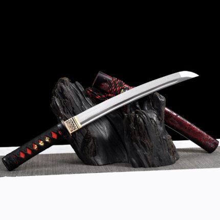 World's End: Hand Forged Japanese Wakizashi High Manganese Steel Blade Black Red Saya