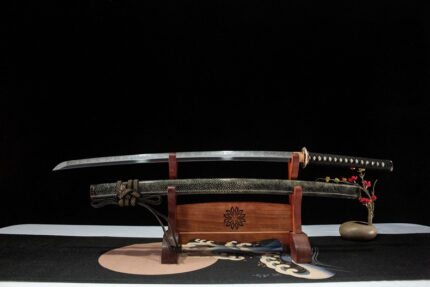 Tsunami and Roaring Dragon: Hand Forged Japanese Katana T10 Steel Clay Tempered Blade Black Saya