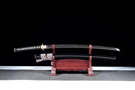 Shadow Corrosion: Hand Forged Japanese Katana T10 Steel Leaf Pattern Blade Black Saya