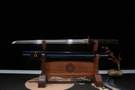 Sapphire Edge: Hand Forged Japanese Ninjato High Manganese Steel Blade Blue Black Saya
