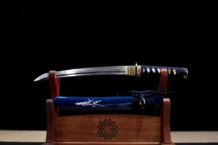 Ice Edge: Hand Forged Japanese Wakizashi T10 Steel Clay Tempered Blade Blue Saya