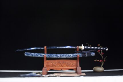 Frost Fang: Hand Forged Japanese Katana 1060 High Manganese Steel Blade Blue Saya