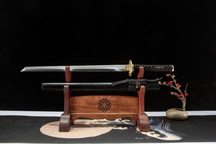 Taketora: Hand Forged Japanese Ninjato T10 Steel Clay Tempered Blade Black Saya