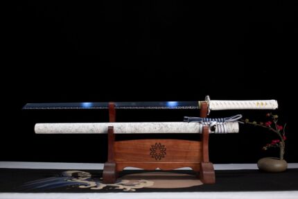 Elysium Fang‌: Hand Forged Japanese Ninjato 1060 High Manganese Steel Oxidized Blue Blade White Saya