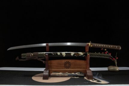 Black Abyss: Hand Forged Japanese Katana Composite Steel Damascus Pattern Blade Black Saya
