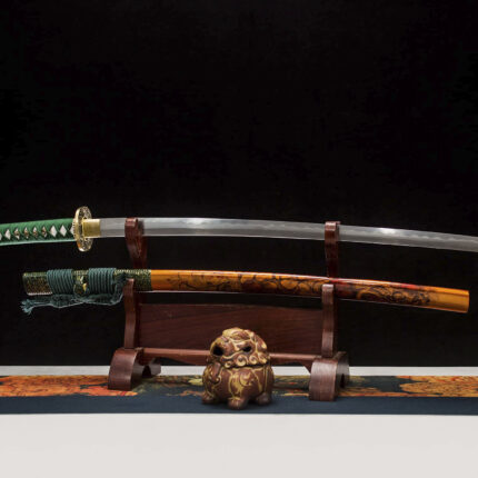 Xihe's Fury: Hand Forged Japanese Katana Pattern Steel Blade Yellow Saya