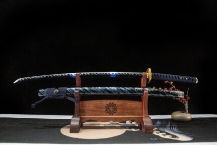 Kagai Serenade: Hand Forged Japanese Katana 1060 High Manganese Steel Blade Blue Black Saya
