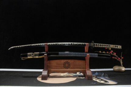 Black Gold Samurai: Hand Forged Japanese Katana Manganese Steel Blade Black Saya