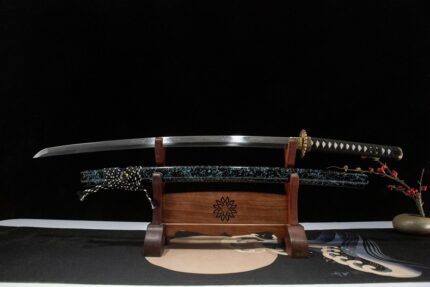 Wave Break: Hand Forged Japanese Katana T10 Steel Clay Tempered Blade Blue Black Saya