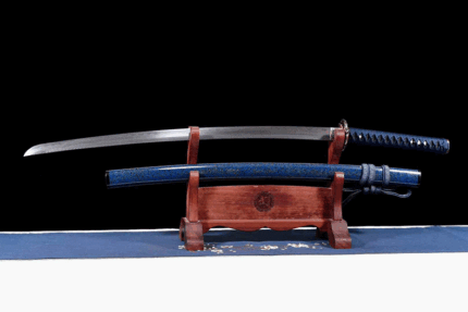 Abyssal Fang: Hand Forged Japanese Katana Damascus Steel Blade Blue Saya