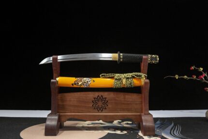 Golden Crow: Hand Forged Japanese Wakizashi 1095 Steel Blade Yellow Saya