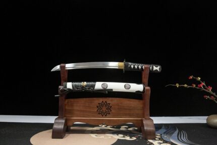 Sparrow Head Kashira‌: Hand Forged Japanese Wakizashi 1060 Steel Blade White Saya
