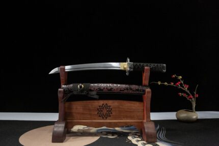 Wandering Ghost: Hand Forged Japanese Wakizashi Pattern Steel Blade Black Red Saya