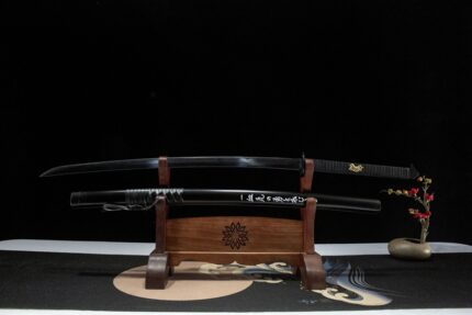 Black Tide: Hand Forged Japanese Katana 1045 Steel Blade Black Saya