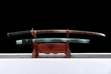 Jade Tempest: Hand Forged Japanese Katana Gold Baked 1060 Steel Blade Green Saya