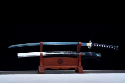 Storm Blue Edge: Hand Forged Japanese Katana Vibrant Blue Manganese Steel Blade Blue Black Saya