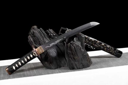 Night Blade: Hand Forged Japanese Wakizashi Folded Steel Blade Black Saya