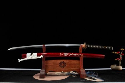 Crimson Fang: Hand Forged Japanese Katana T10 Steel Clay Tempered Blade Red Saya