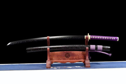 Violet Gleam: Hand Forged Japanese Katana Blackened High Carbon Steel Blade Black Saya