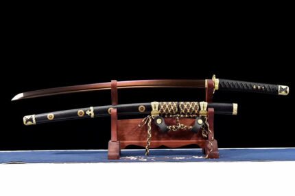 Black Death: Hand Forged Japanese Tachi Gold Baked Manganese Steel Blade Black Saya